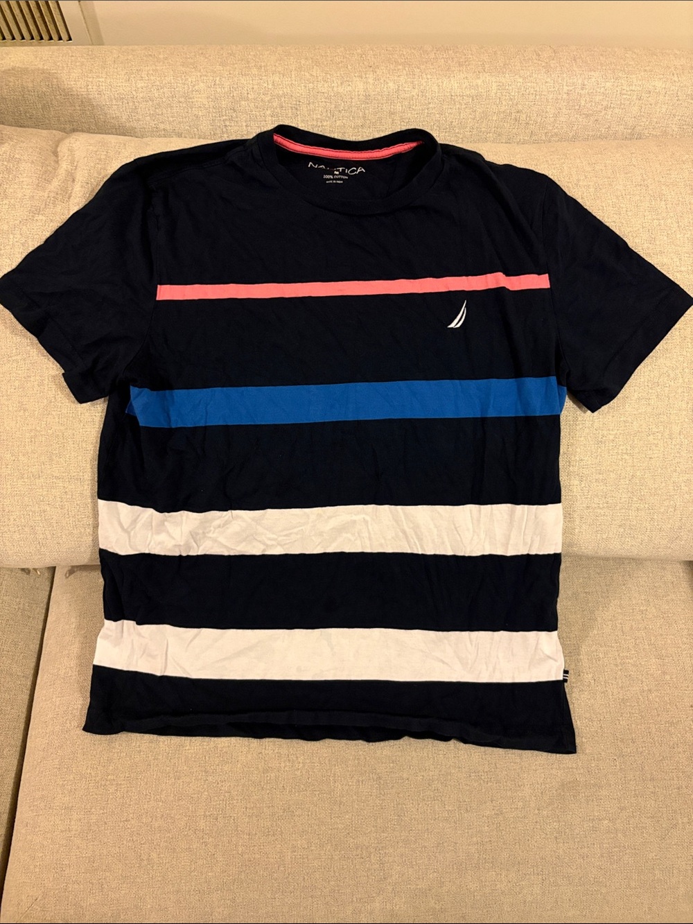Nautica Men’s Navy Tee with Pink, Blue and White Stripes